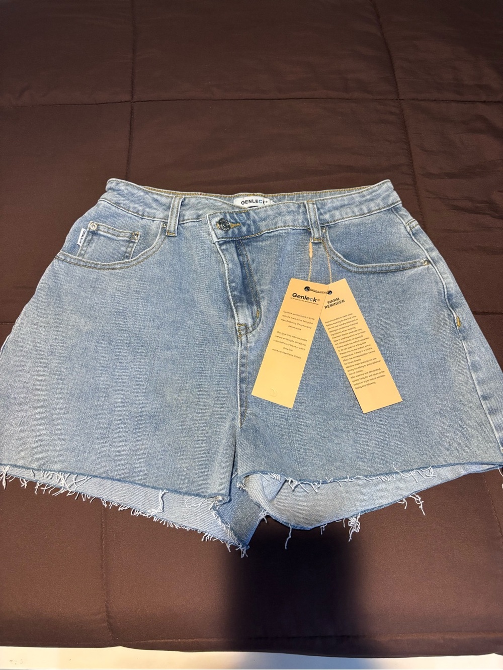 NWT Genleck Asymmetrical Crossover High-Waisted Denim Shorts - Light Wash